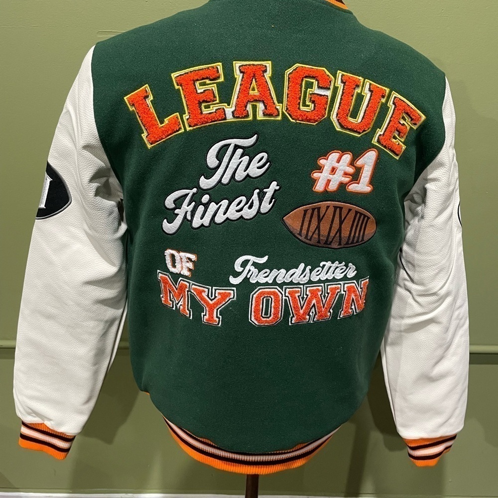 Bleecker&Mercer jacket varsity green/white bomber snap button - Picture 2 of 4